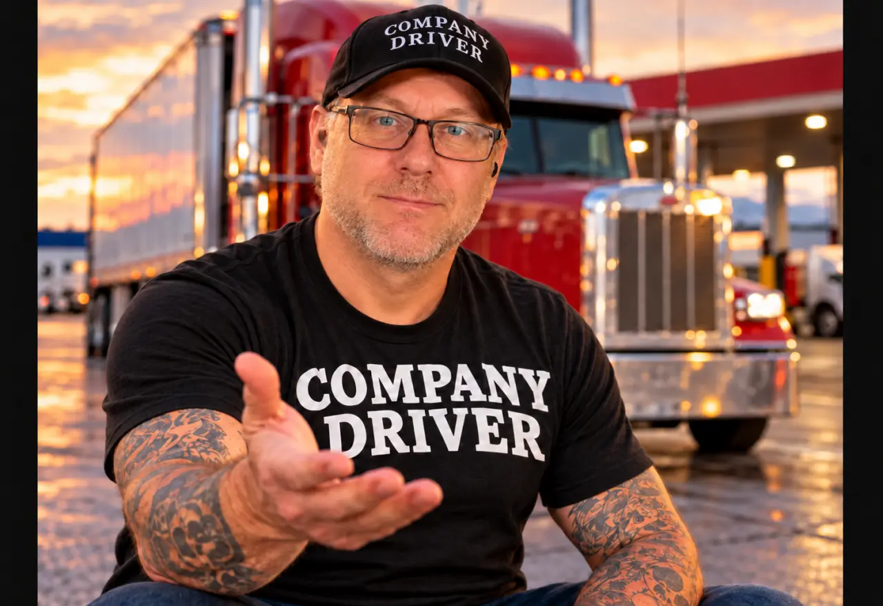 Mark from Company Driver smiling and offering a welcoming hand beside a red semi truck