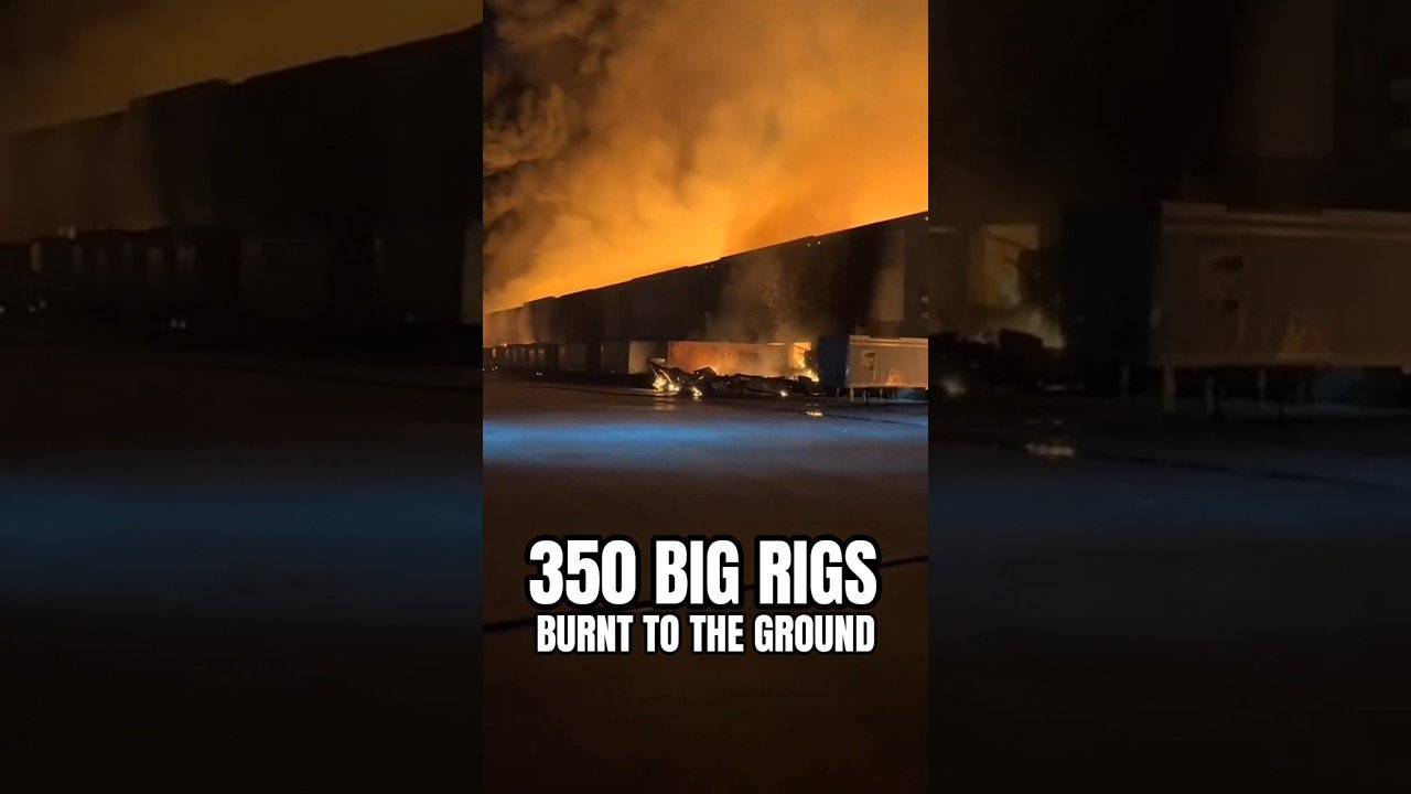 350 BIG RIGS BURNT TO THE GROUND. TRAILERS GONE TOO