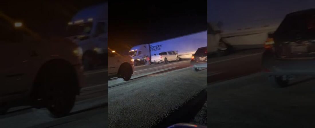 ANOTHER TRUCK MAKES ILLEGAL U-TURN CAUSING A CRASH ON THE HIGHWAY.