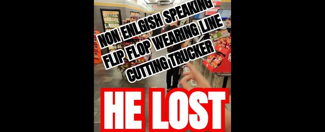LINE CUTTER LOSES THE RACE. This flop flop wearing non english speaking trucker got BEAT!