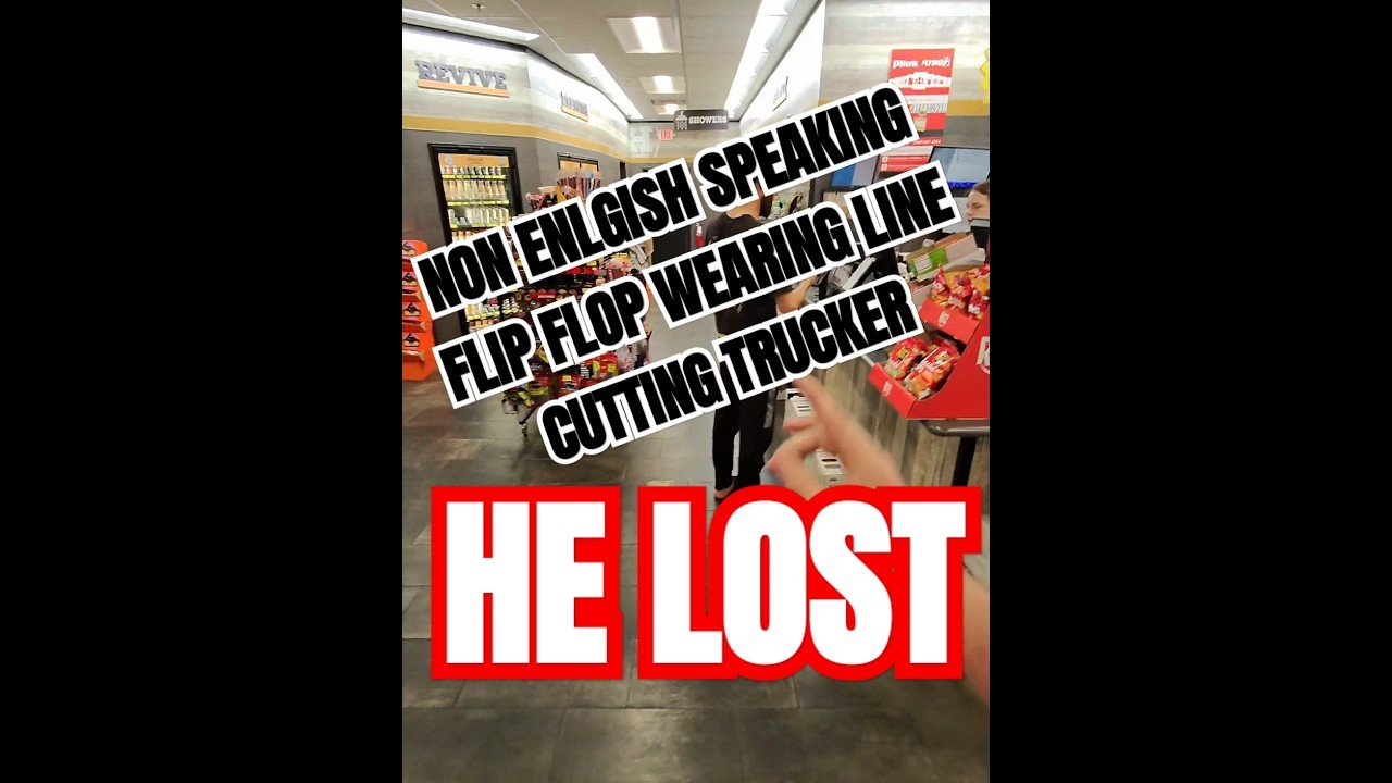 LINE CUTTER LOSES THE RACE. This flop flop wearing non english speaking trucker got BEAT!