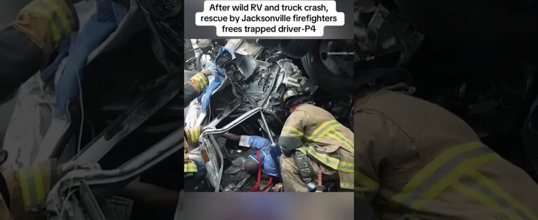 TRUCKER FREED BY FIREFIGHTERS AFTER BEING STUCK UNDER AN RV THAT CRASHED INTO HIM.