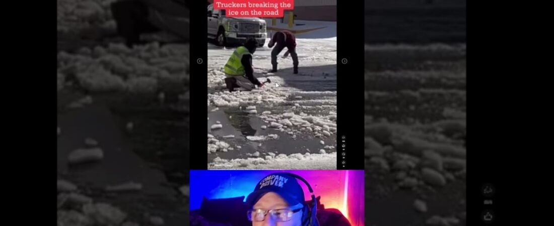 Truckers Using Hammers to Break the Ice on the ground at the Truck Stop Parking lot.