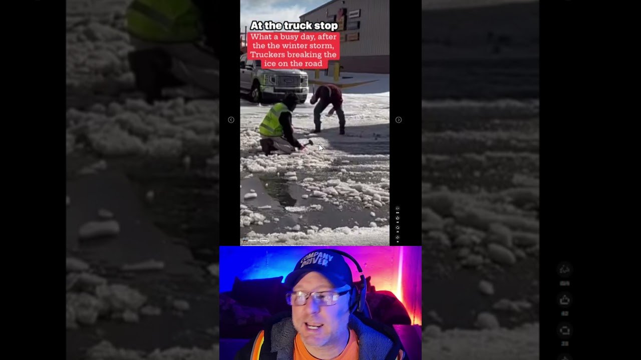 Truckers Using Hammers to Break the Ice on the ground at the Truck Stop Parking lot.