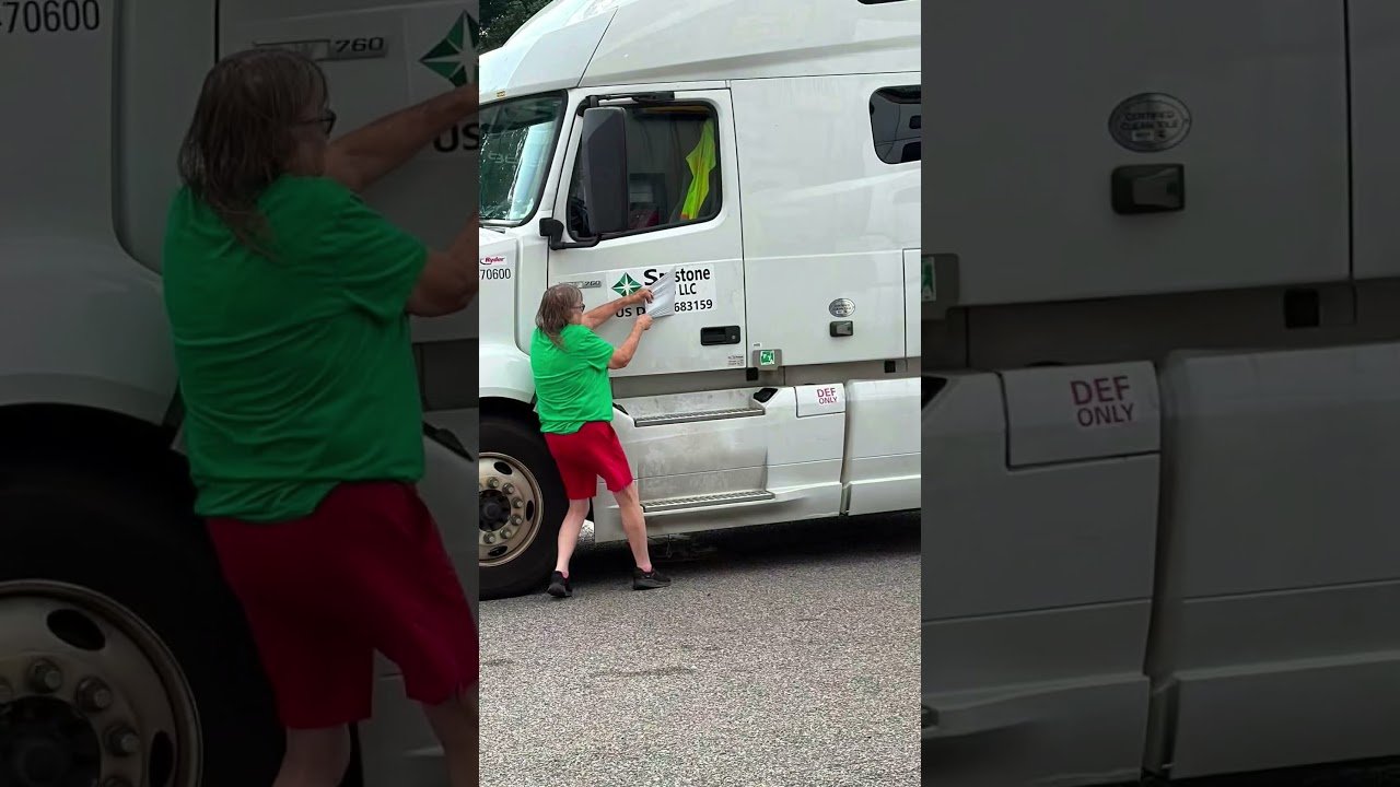 What on earth is this woman doing at the truck stop?