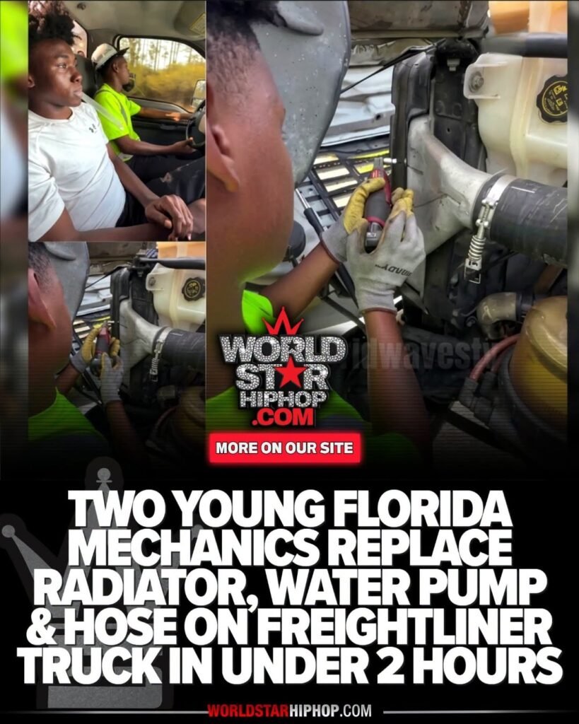 Two young mechanics in Jackson County, Florida showed out on a roadside repair job. They replaced a full radiator, a bad water pump, and a cracked coolant hose on a Freightliner Cascadia in under two hours using a crane. Proper hands-on work with no complaints.
